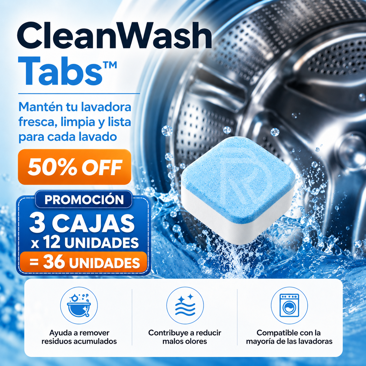CleanWash Tabs™ - Mantén tu lavadora fresca, limpia y lista para cada lavado.