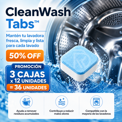 CleanWash Tabs™ - Mantén tu lavadora fresca, limpia y lista para cada lavado.