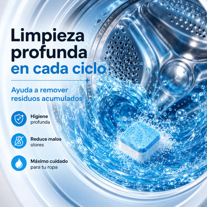 CleanWash Tabs™ - Mantén tu lavadora fresca, limpia y lista para cada lavado.