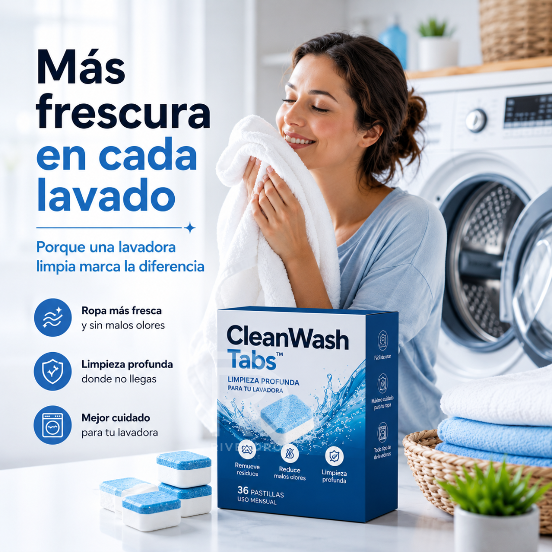 CleanWash Tabs™ - Mantén tu lavadora fresca, limpia y lista para cada lavado.