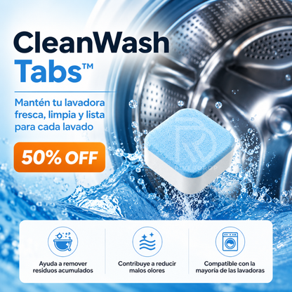 CleanWash Tabs™ - Mantén tu lavadora fresca, limpia y lista para cada lavado.