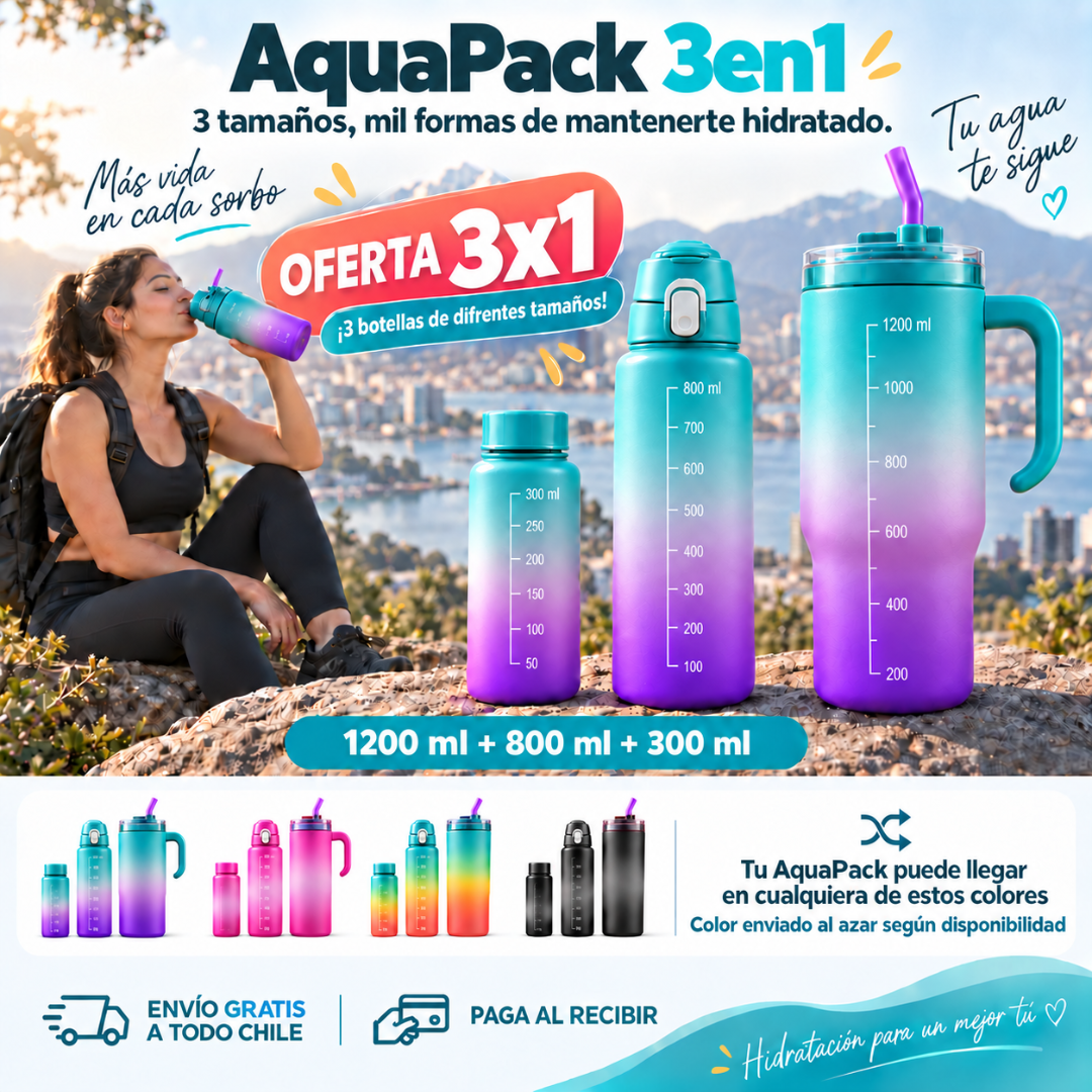 AquaPack 3en1™ - 3 tamaños, mil formas de mantenerte hidratado.