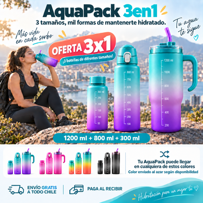 AquaPack 3en1™ - 3 tamaños, mil formas de mantenerte hidratado.
