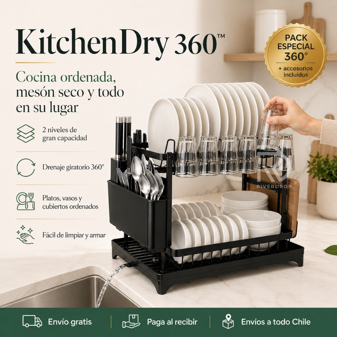 KitchenDry 360™ - Cocina ordenada, mesón seco y todo en su lugar