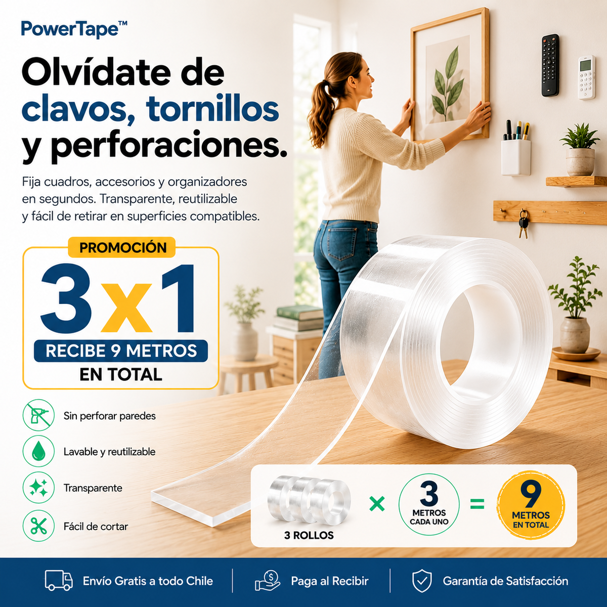 PowerTape™ - Olvídate de clavos, tornillos y perforaciones.